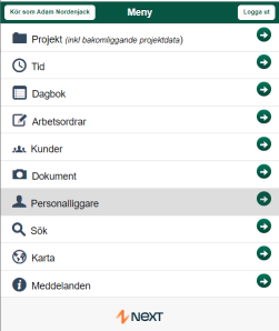 Huvudmeny i mobilapp med navigationsalternativ