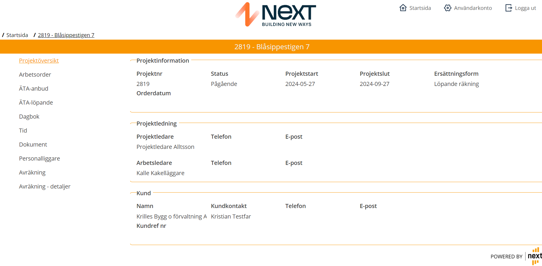 Projektöversikt — projektinformation, projektledning och kunduppgifter