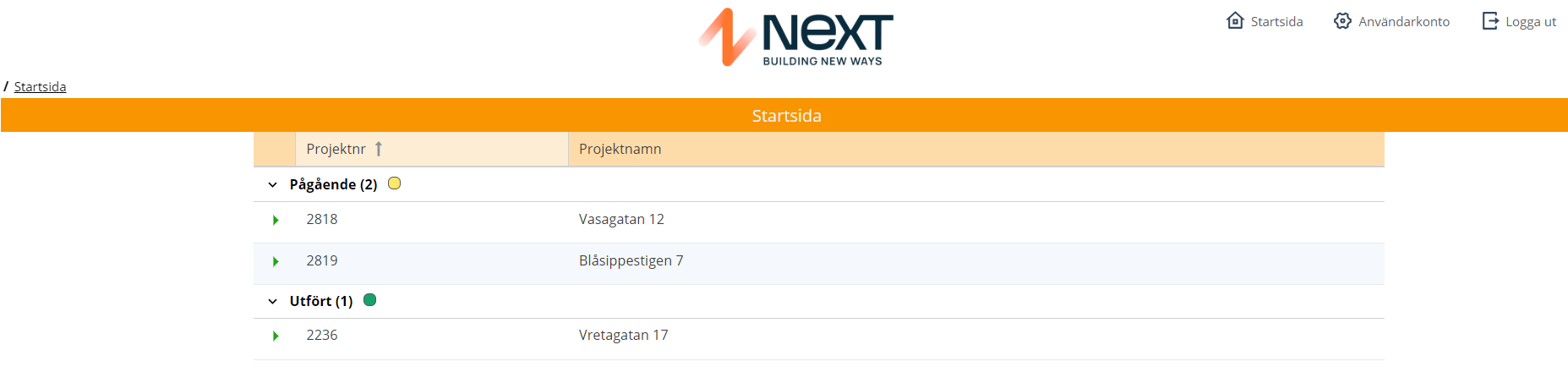 Startsida — projektlista med pågående och utförda projekt