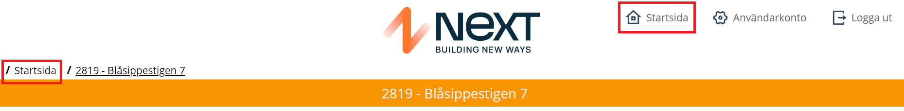 NEXT-systemets header med brödsmulnavigation och projektsida