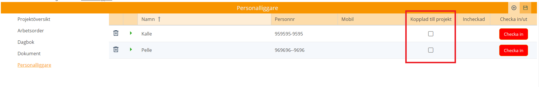 Personalliggare — lista med personal och incheckningsstatus