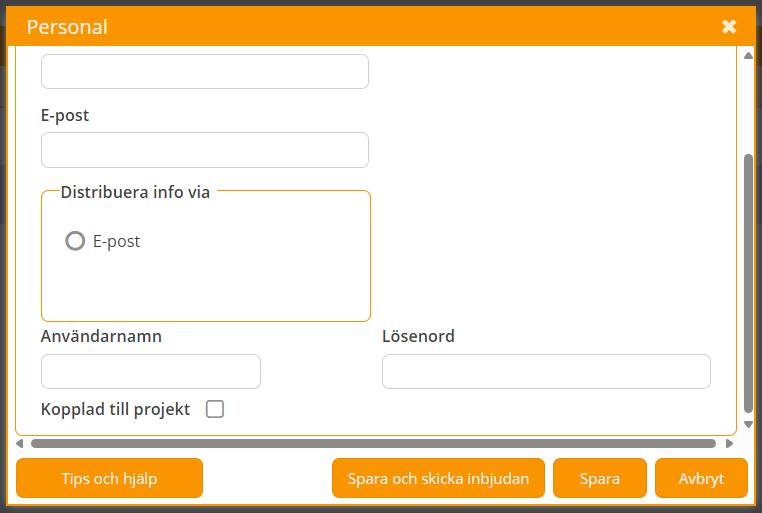 Personal-dialog med e-post, användarnamn och lösenordsfält