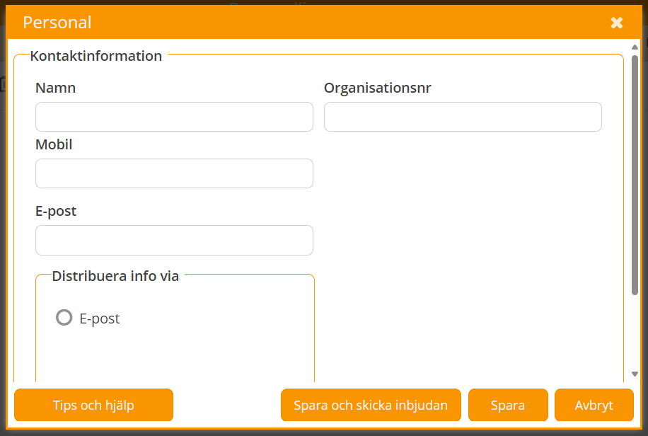 Personal — kontaktinformationsformulär med distributionsinställningar