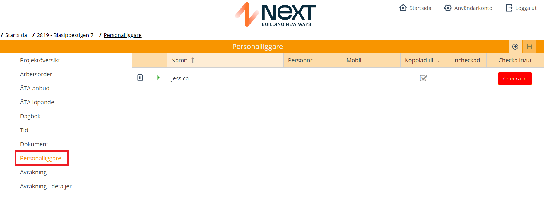 Personalliggare — lista med personal och incheckning