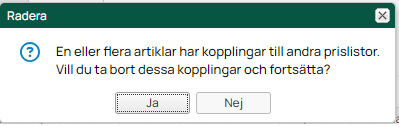 Dialogruta — bekräfta borttagning av prislistkopplingar