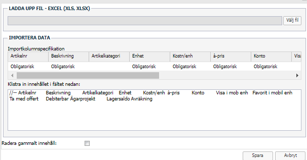 Dialog för att ladda upp Excel-fil och importera artikeldata