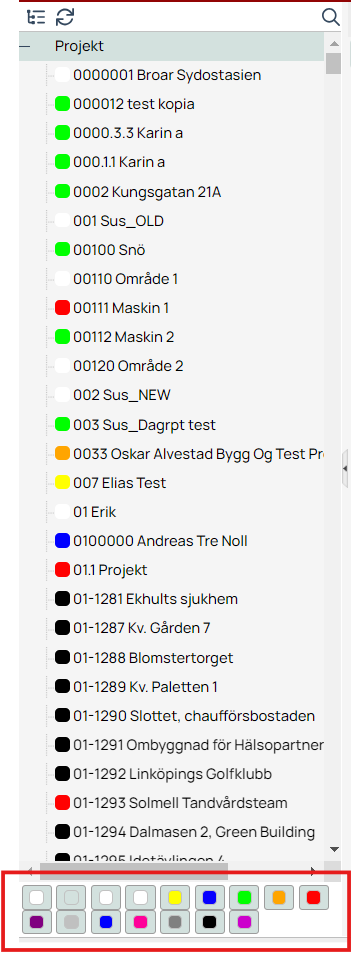 Projektlista med färgkodade projekt och färgväljare