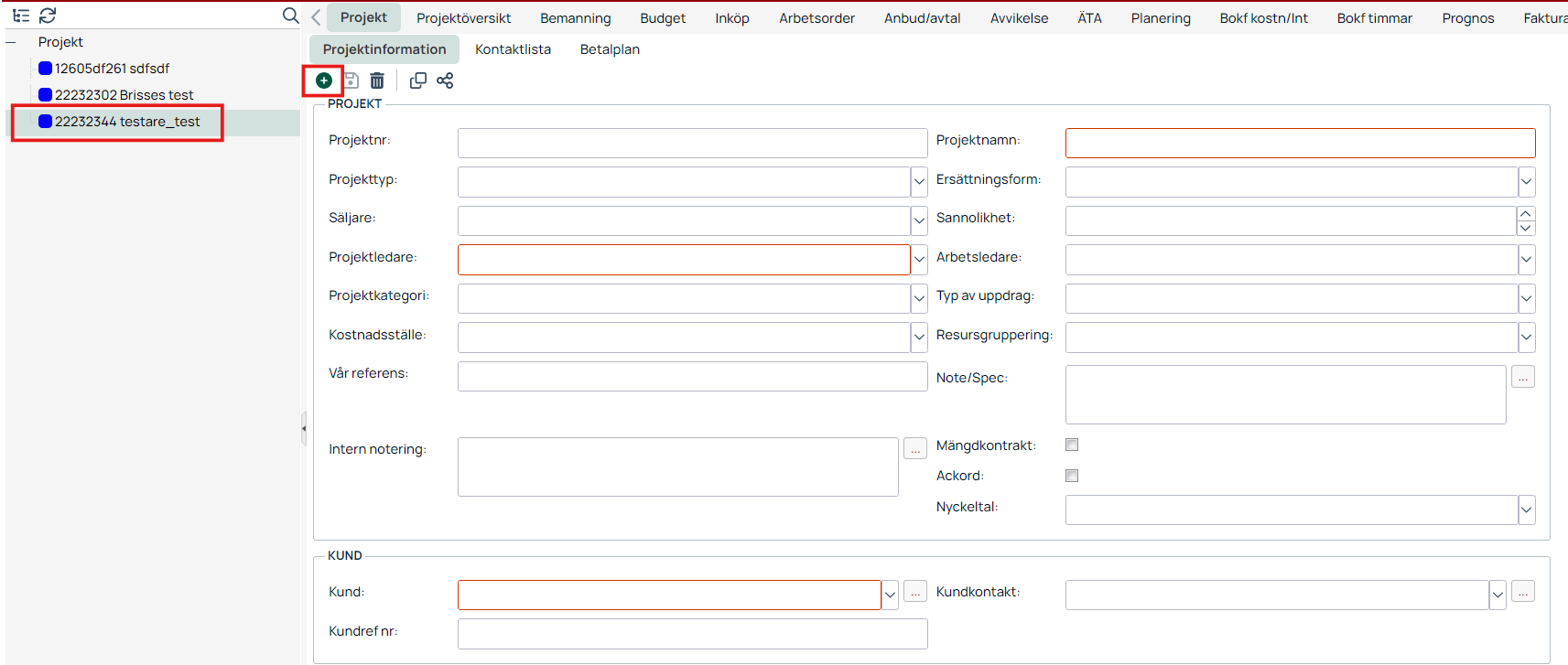 Projektinformation — nytt tomt projektformulär öppnat