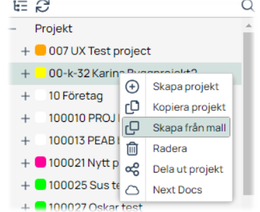 Projektlista med högerklicksmeny för projektalternativ