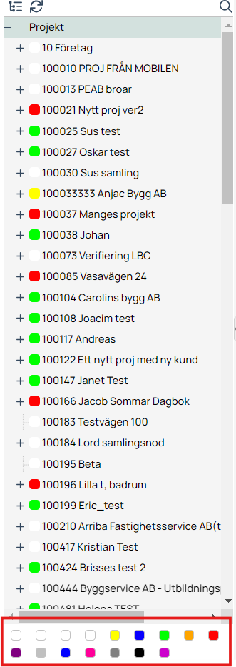 Projektlista med färgkodade statusindikatorer