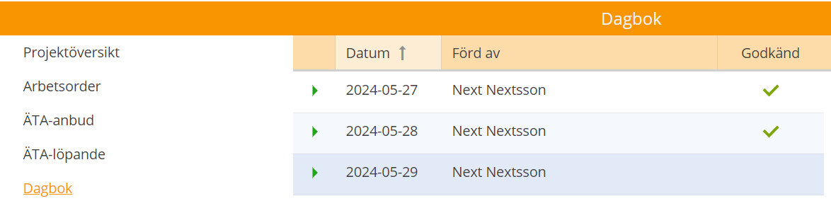 Dagbok — lista med poster och godkännandestatus