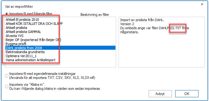 Val av importfilter — prislista importdialog med filteralternativ