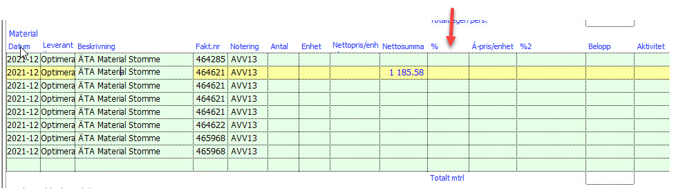 Materialregistrering med fakturarader och nettosummor