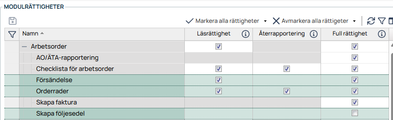 Modulrättigheter — behörighetsinställningar för arbetsorder och relaterade moduler