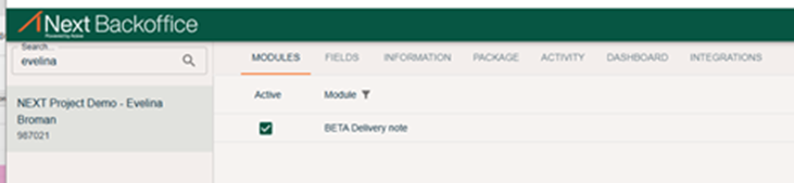 Next Backoffice — Modules-fliken med aktiv modul