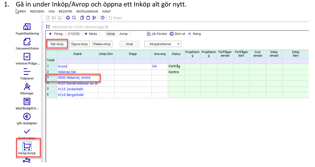 Inköpslista i modulen Inköp/Avrop