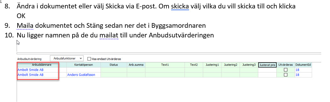 Instruktioner och Anbudsutvärdering med anbudslämnarlista