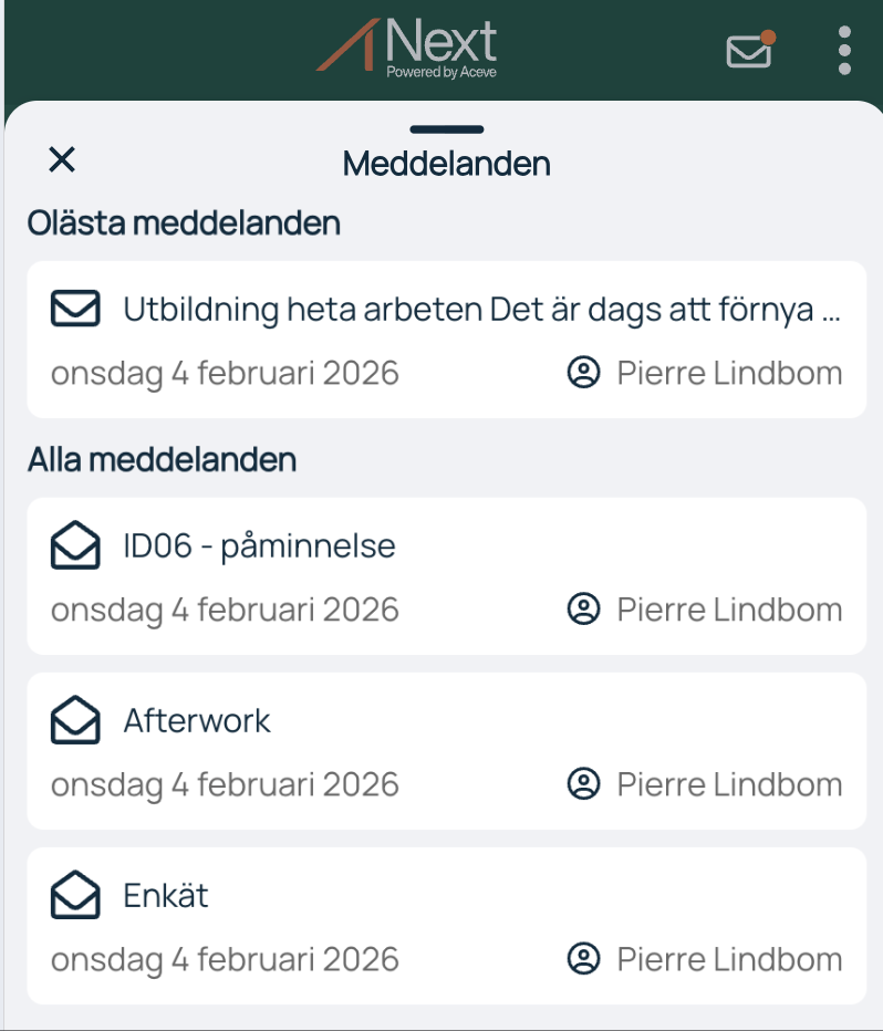 Aceve Next — Meddelandepanel med olästa och alla meddelanden