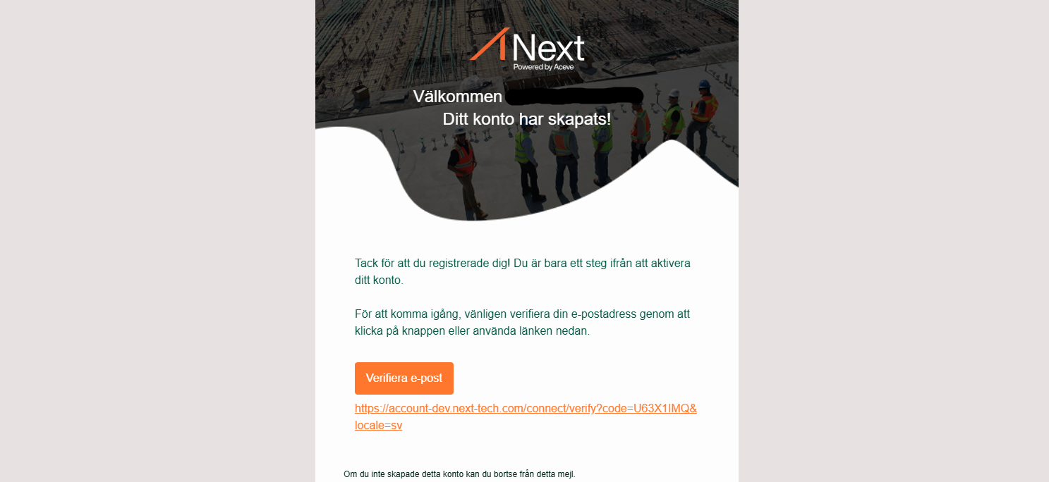 Aceve Next — välkomstmejl med kontobekräftelse och e-postverifiering