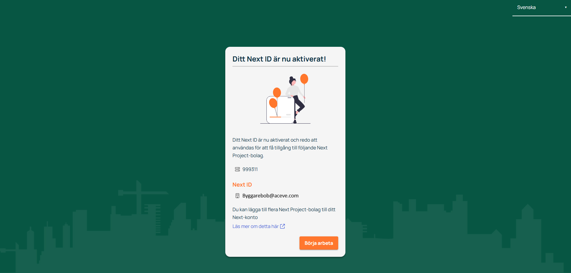 Aceve — Next ID aktiverat bekräftelsesida