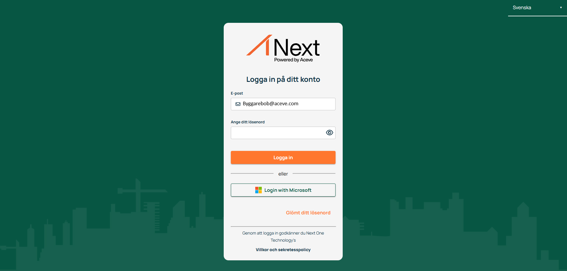 Aceve Next — inloggningssida med e-post och lösenord