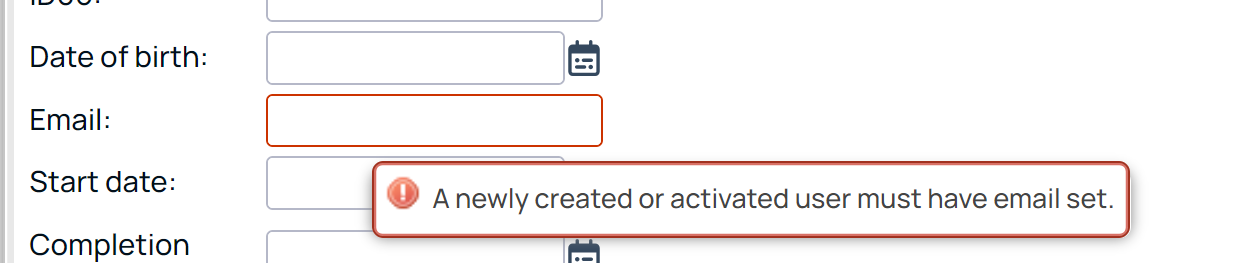 User form with validation error for email field