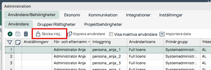 Administration — Brukere/Rettigheter med knappen Send invitasjon merket