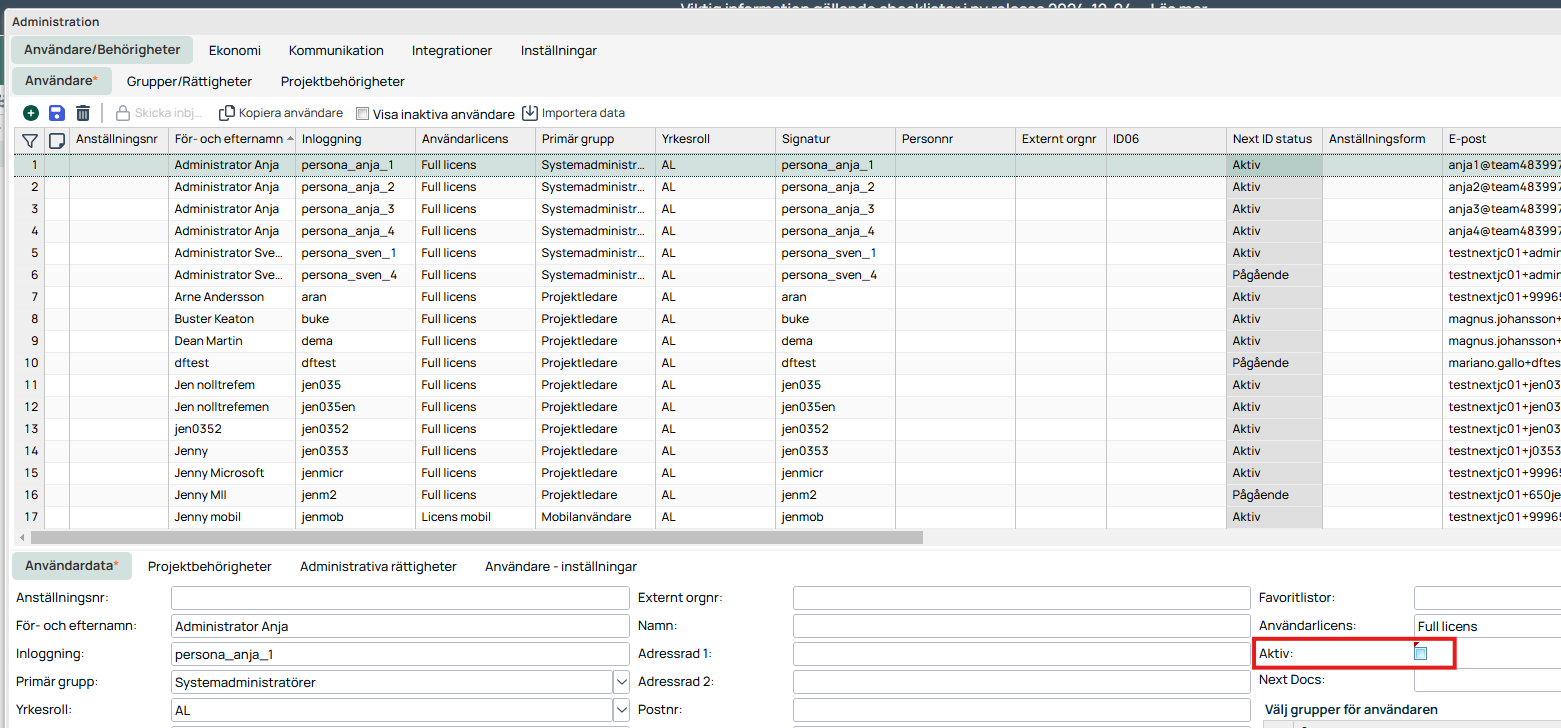 Administration — Users/Permissions, user list