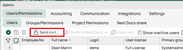 Admin — Users/Permissions tab with Send invite button highlighted