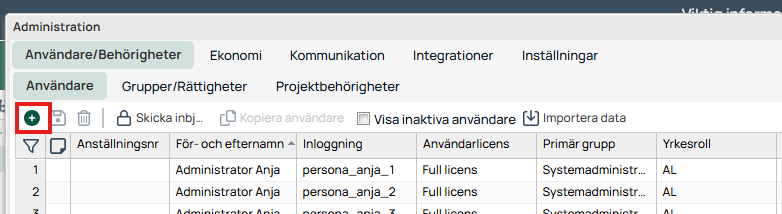 Administration — Brukere/Rettigheter, fanen Brukere