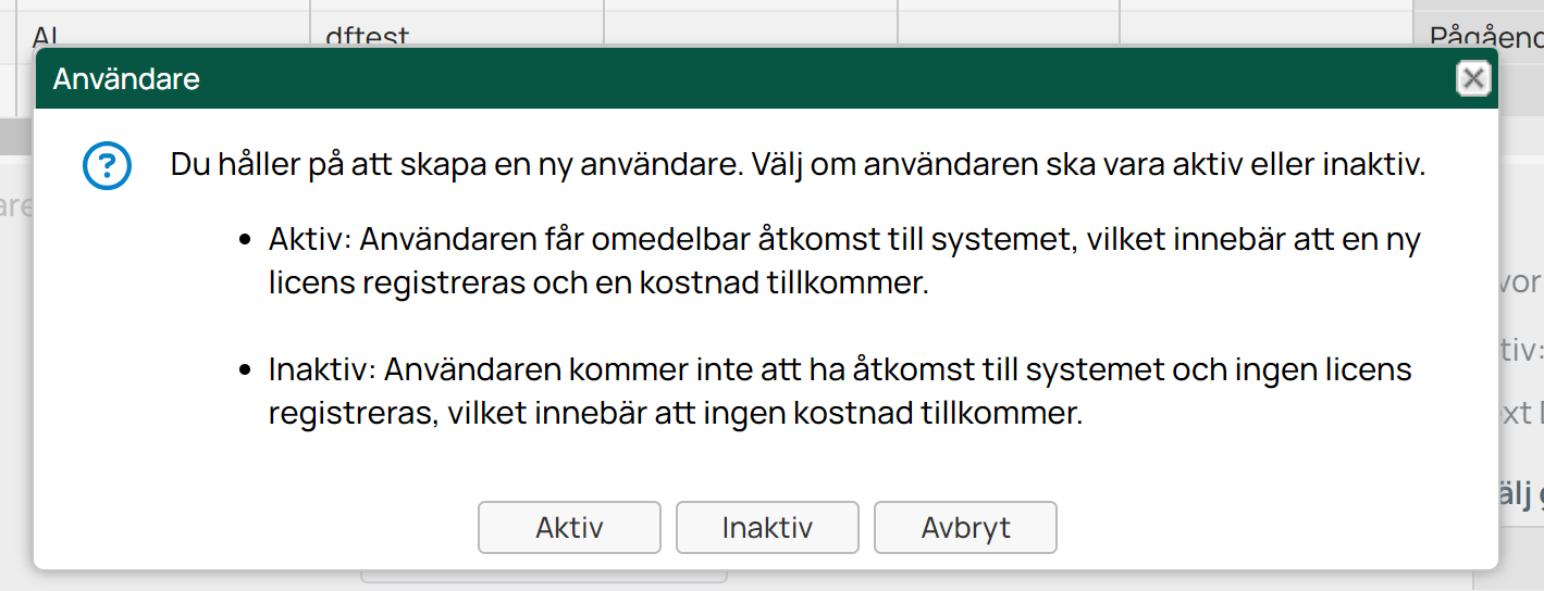 Dialog to create new user — choose active or inactive