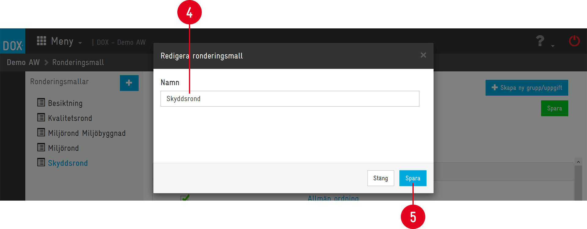 Dialog to edit inspection round template — name field and save