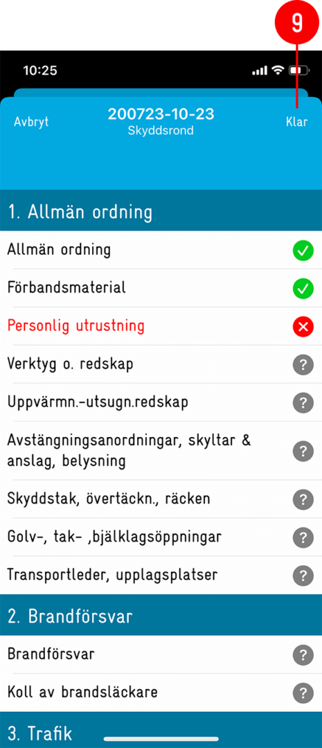 Safety round checklist with categories and status icons