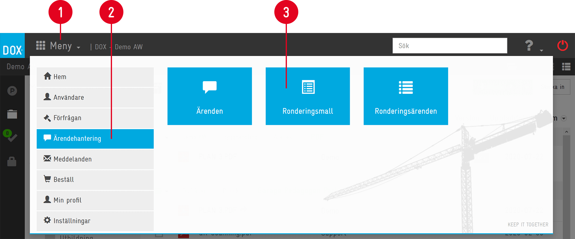 DOX system menu with case management and inspection functions
