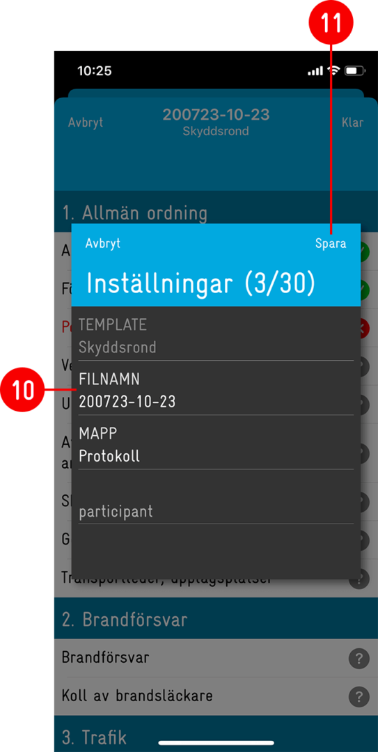 Settings dialog for safety round in mobile app