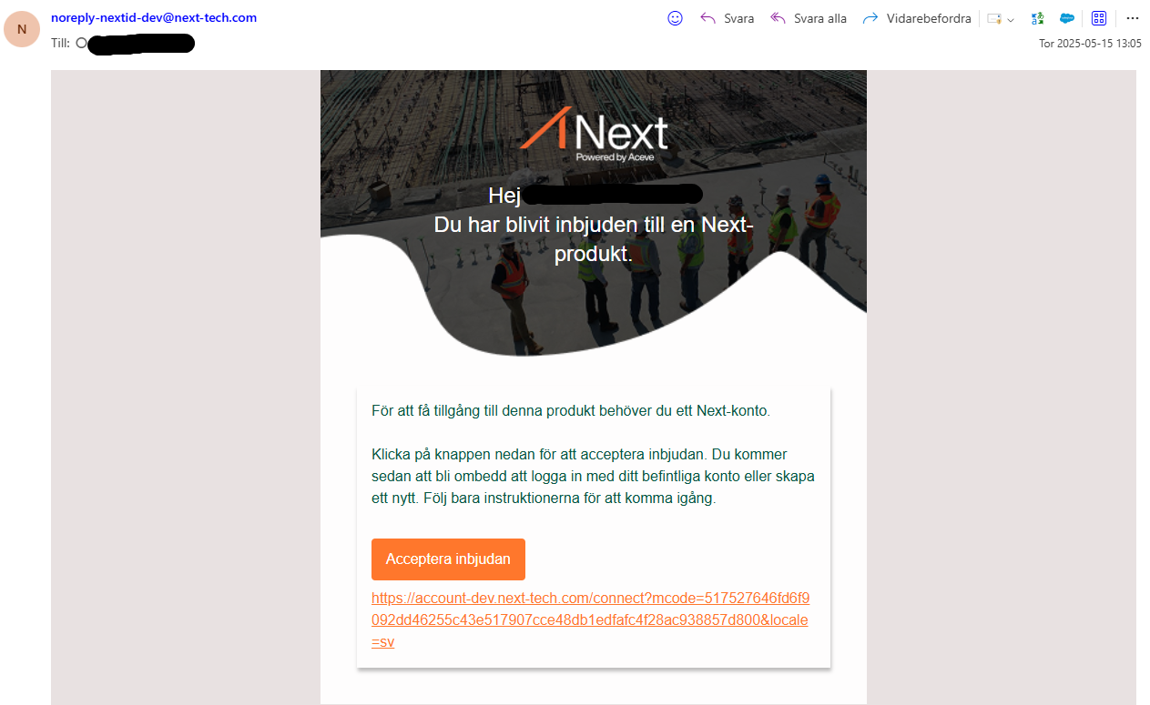 Invitation email to Next product powered by Aceve