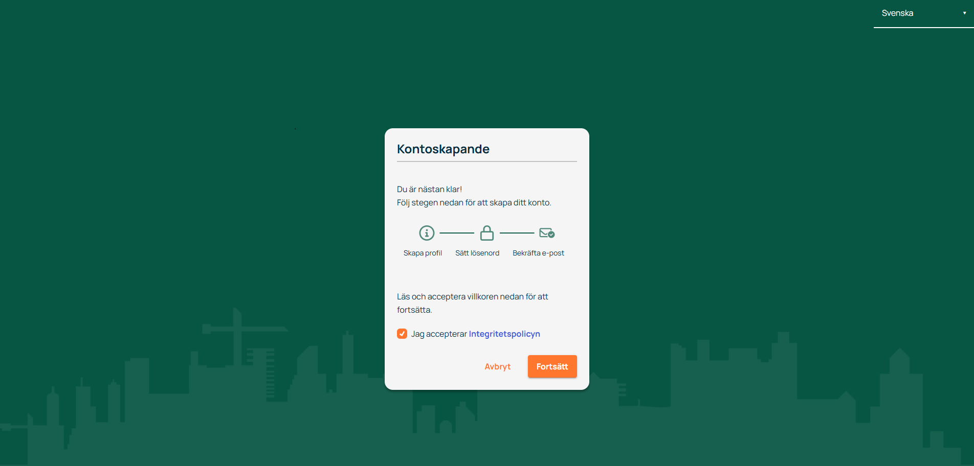 Account creation — step-by-step dialog for new account