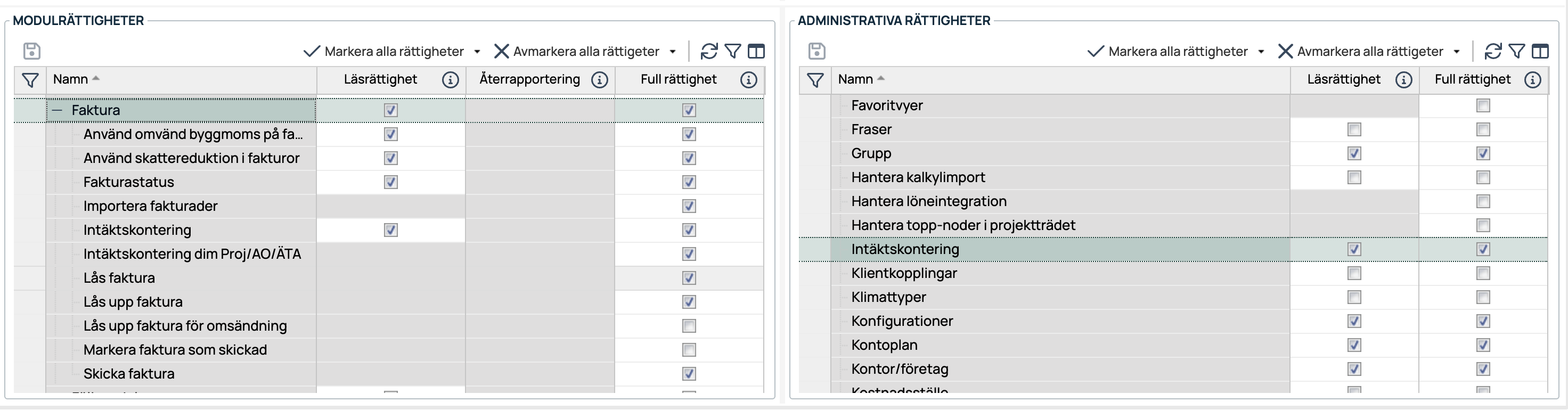 Rättighetsinställningar — modul- och administrativa rättigheter