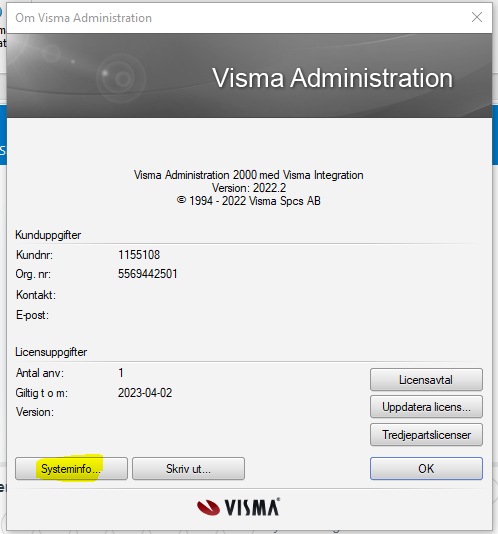 Om Visma Administration — versjonsinformasjon og lisensopplysninger