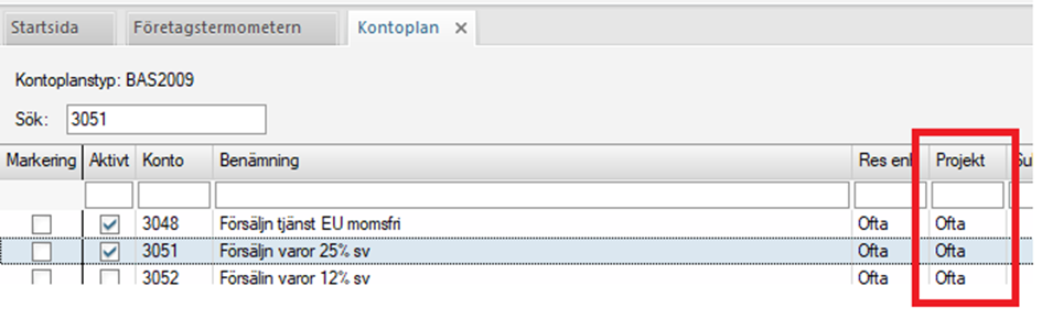 Kontoplan BAS2009 — søk på konto 3051 med prosjektkolonne markert