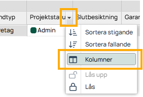 Kolonnmeny åpen i prosjektliste med sortering og kolonnevalg
