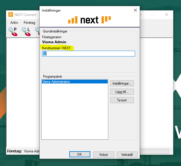 NEXT Connect innstillinger — kundenummer og programpakke