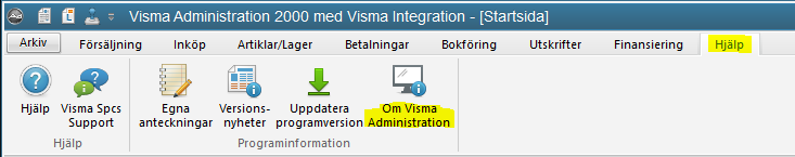 Visma Administration 2000 — Hjelp-menyen med programinformasjon