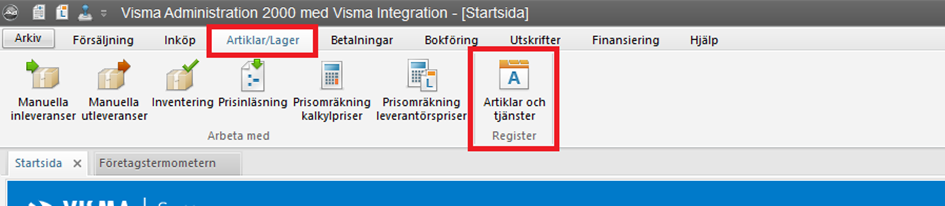 Visma Administration 2000 — Artikler/Lager-menyen med Register markert
