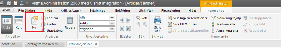 Visma Administration 2000 — Artikler/tjenester-modulens verktøylinje