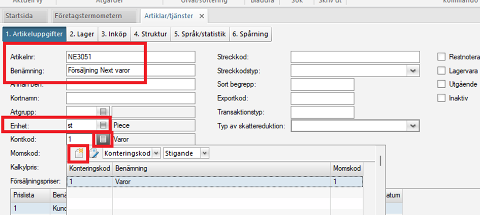 Artikkeldetaljer — detaljvisning av artikkel med konteringskode