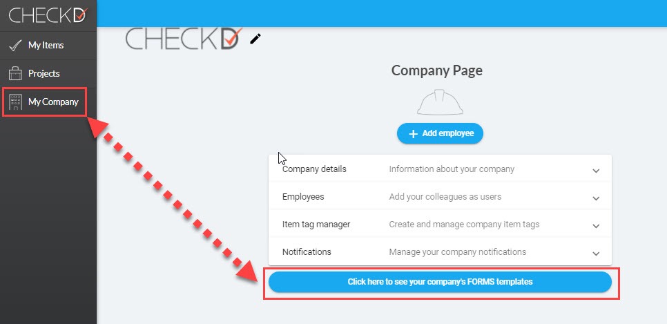 CheckD — Company Page med navigering och formulärmallar