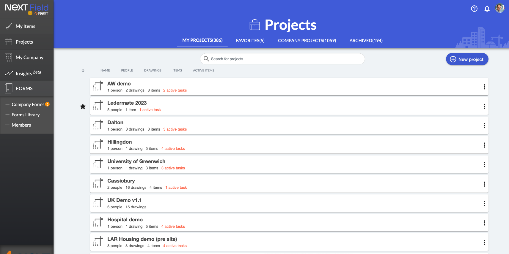 Next Field — project list with active tasks