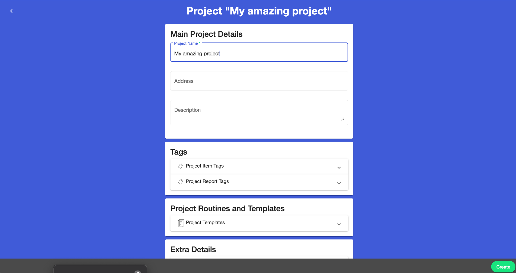 Create new project — form with details and tags