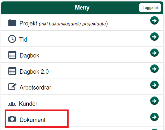 Hovedmeny med Dokumenter markert i rødt